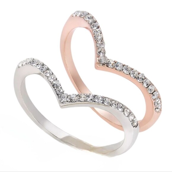 🎁I.N.C International Concepts 2-Tone 2-Pc Set Crystal Chevron Stackable Rings - Picture 1 of 6